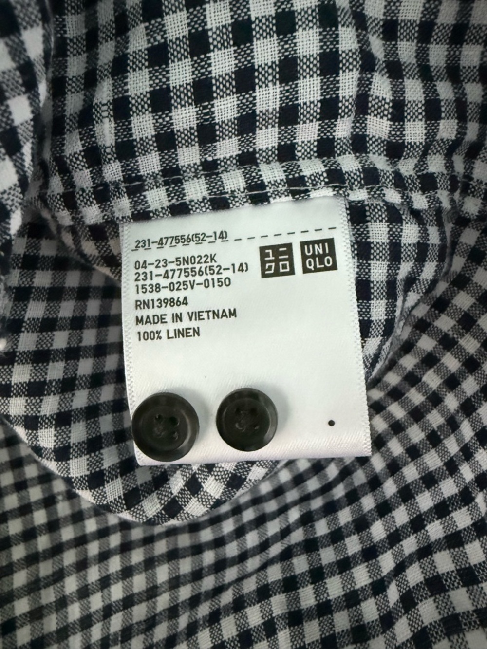 Uniqlo | 100% Linen Navy White Gingham Button Down Shirt Medium - Picture 8 of 8